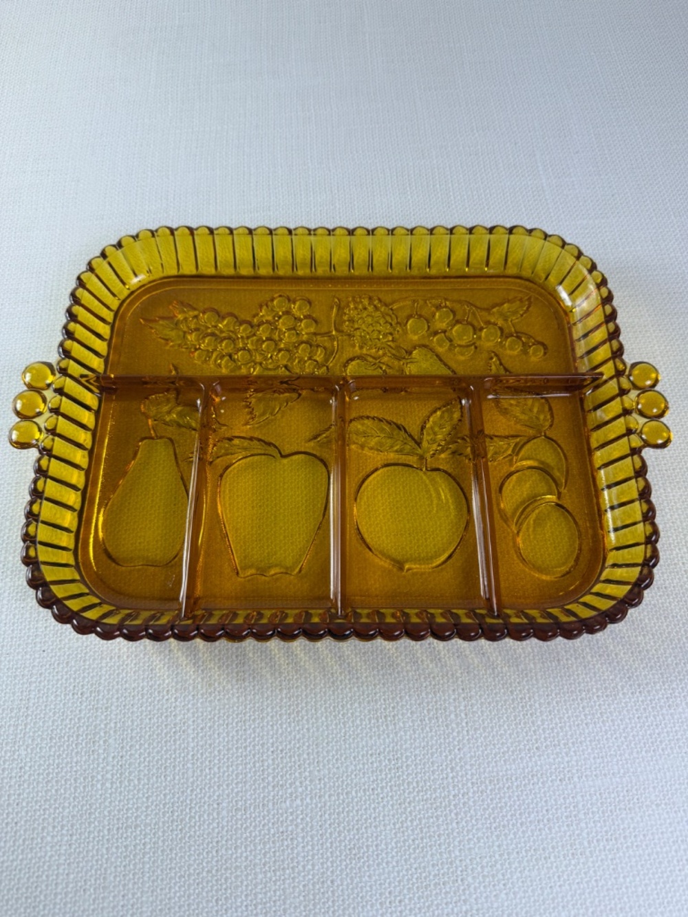 Indiana Glass "Fruits" Pattern Amber Relish Tray — 5-Section Divided Dish - Picture 9 of 9